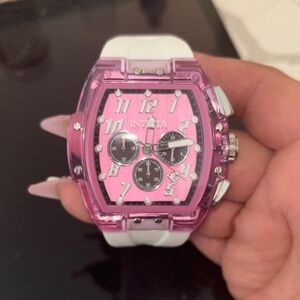 Invicta Pink Dial and Clear Pink Bezel Watch with White Strap